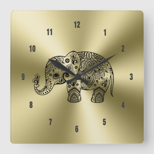 Black Floral Paisley Elephant Gold Stainless Steel Vierkante Klok (Voorkant)