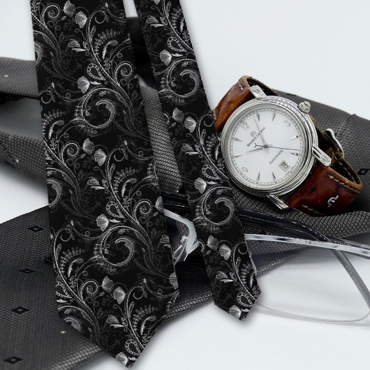 Black Floral Paisley Lacework Pattern Stropdas