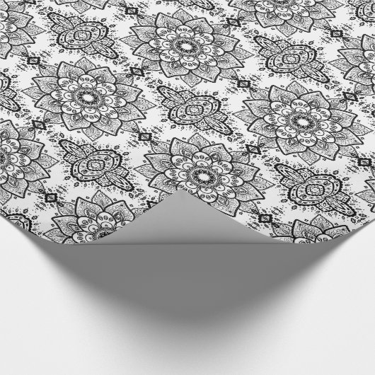 Black Floral Paisley Mandala Pattern Cadeaupapier (Hoek)