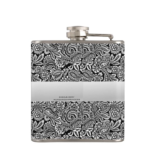 Black Floral Paisley Personalized Groomsmen Heupfles (Achterkant)