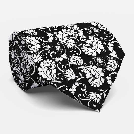 Black Floral Pattern Custom Necktie Stropdas (Opgerold)