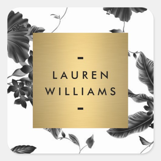  Black Floral Pattern gepersonaliseerd Vierkante Sticker (Voorkant)