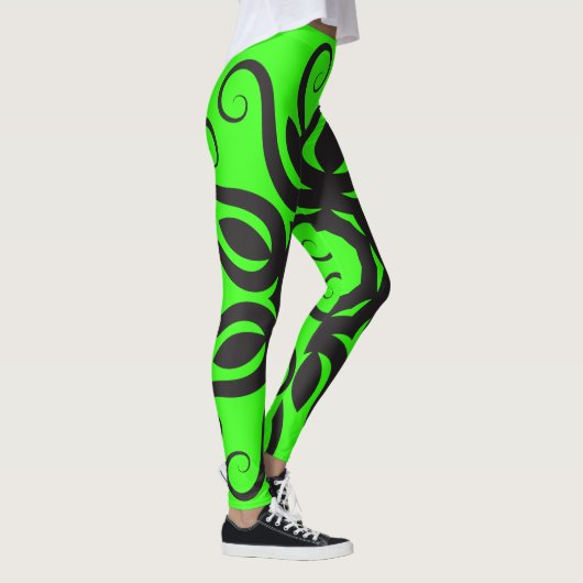 Black Floral Pattern on Neon Green Women's Workout Leggings (Rechts)