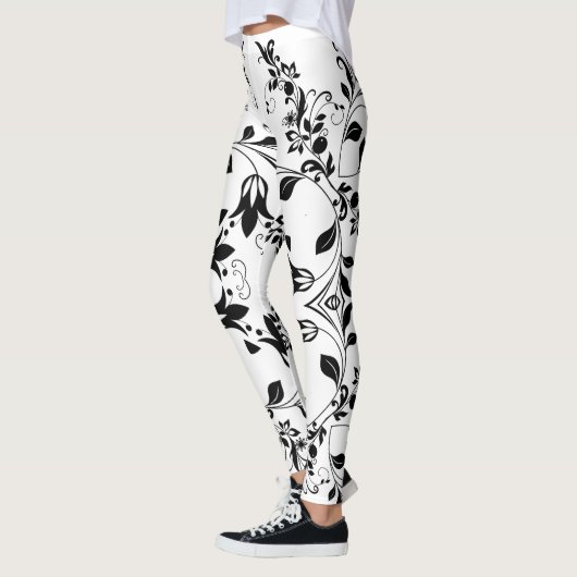 Black Floral Pattern on White Women's Workout Leggings (Links)