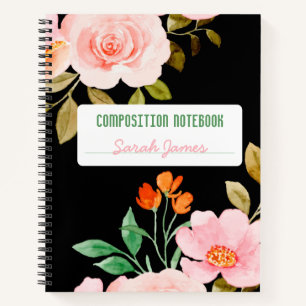 Black Floral Personalized Composition Journal Notitieboek