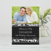 Black Floral Photo 25th Jubileum Invitation Kaart (Staand voorkant)