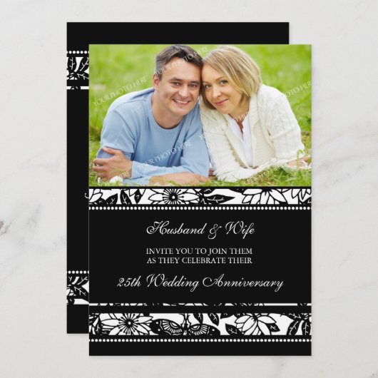 Black Floral Photo 25th Jubileum Invitation Kaart (Voorkant / Achterkant)