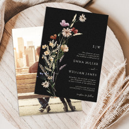 Black Floral Photo Wedding Kaart