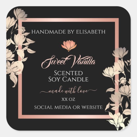 Black Floral Product Packaging Labels Roos Gold (Voorkant)