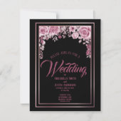 Black Floral Rozen Gold Script Elegant Wedding Kaart (Voorkant)