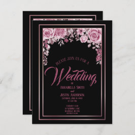 Black Floral Rozen Gold Script Elegant Wedding Kaart