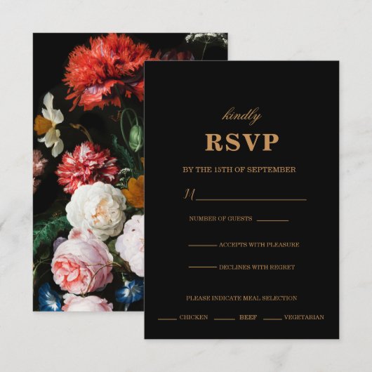 Black Floral RSVP Wedding Invitation Kaart Meal (Voorkant / Achterkant)