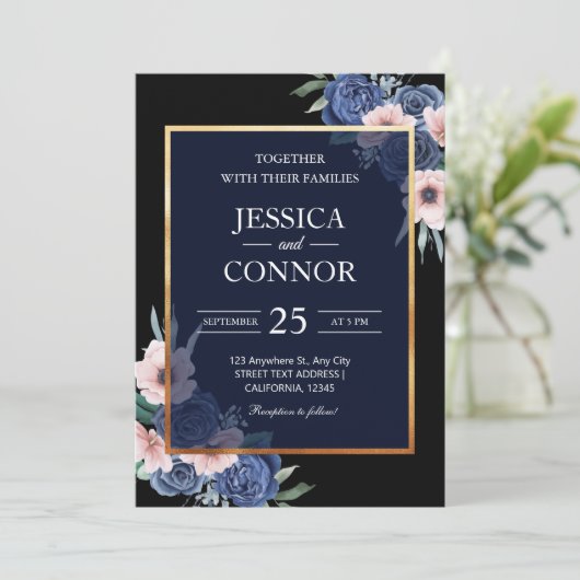 Black Floral rustic Gold elegant moderne bruiloft Kaart (Staand voorkant)