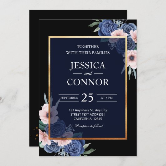 Black Floral rustic Gold elegant moderne bruiloft Kaart (Voorkant / Achterkant)