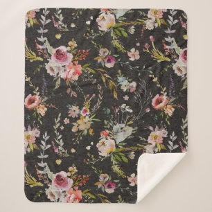 Black Floral Sherpa Blanket Deken