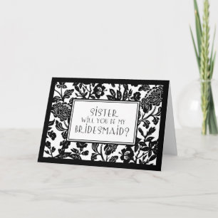 Black Floral Sister Bridesmaid Invitation Kaart