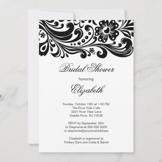 Black Floral Swirl Bridal Shower Innodiging Formel Kaart (Voorkant)