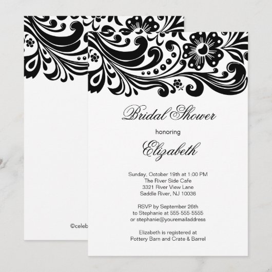 Black Floral Swirl Bridal Shower Innodiging Formel Kaart (Voorkant / Achterkant)