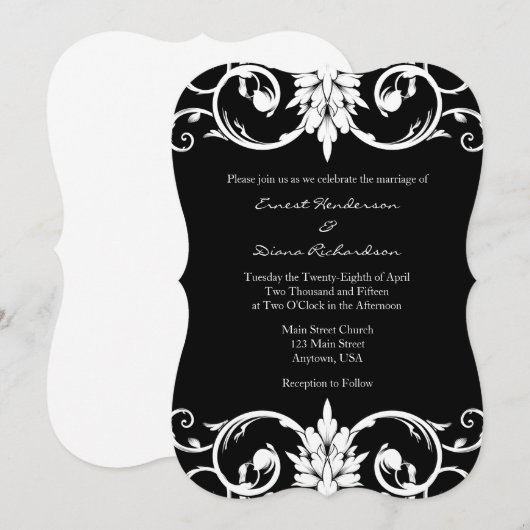 Black Floral Swirls Beugel Huwelijksuitnodiging Kaart (Voorkant / Achterkant)