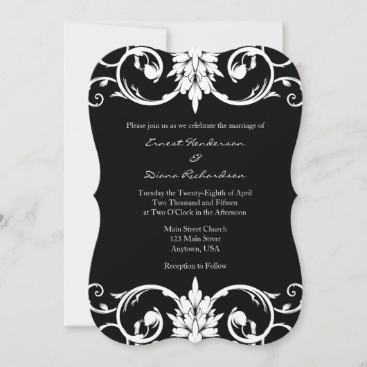 Black Floral Swirls Beugel Huwelijksuitnodiging Kaart (Voorkant)