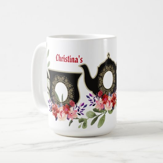 Black Floral Teapot Aftermiddag Tea 50th Birthday  Koffiemok (Voorkant links)