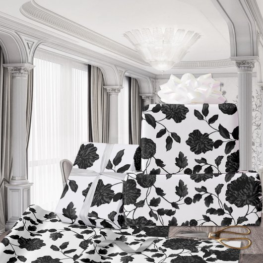 Black Floral Toile Vine op White Cadeaupapier