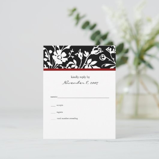 Black Floral Top Response Card RSVP Kaartje (Staand voorkant)
