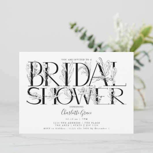 Black Floral Typography Wedding Vrijgezellenfeest Kaart (Staand voorkant)