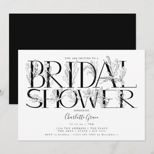Black Floral Typography Wedding Vrijgezellenfeest Kaart (Voorkant / Achterkant)