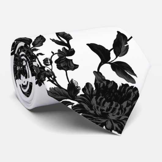Black Floral Vine Wedding White Stropdas (Opgerold)