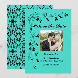 Black Floral Vines Turquoise of Color Save Date Save The Date