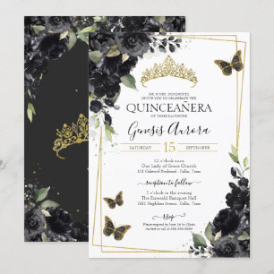 Black Floral Waterverf Gold Butterfly Quinceanera Kaart