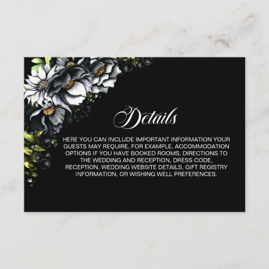 Black Floral Wedding Details Enclosure Card Informatiekaartje (Voorkant)
