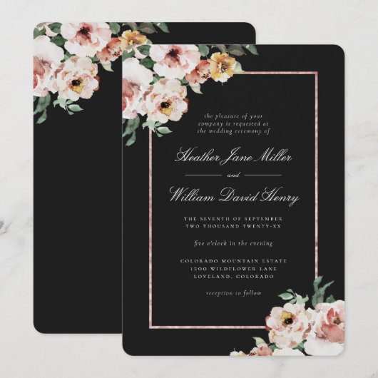 Black Floral Wedding Kaart (Voorkant / Achterkant)