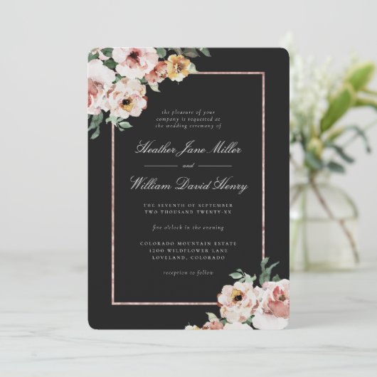 Black Floral Wedding Kaart (Staand voorkant)
