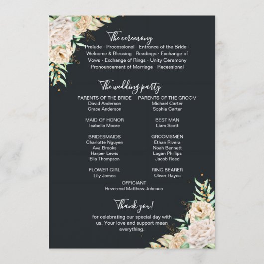 Black Floral Wedding Program & Timeline Card Programmakaart (Achterkant)