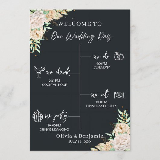 Black Floral Wedding Program & Timeline Card Programmakaart (Voorkant)