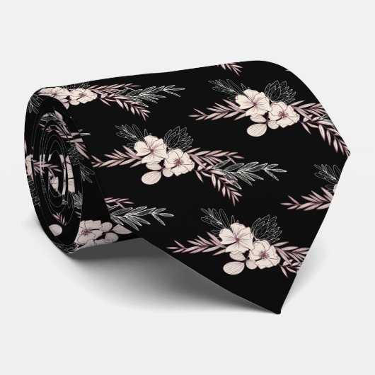 Black Floral Wedding Stropdas (Opgerold)