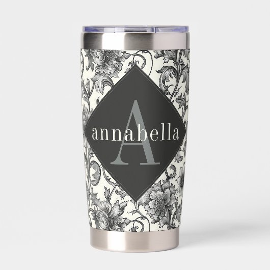 Black Floral William Morris Elegant Monogram Geïsoleerde Drinkbeker (Voorkant)