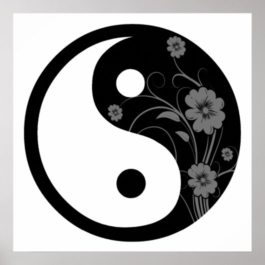 Black Floral Yin Yang Symbol Poster (Voorkant)