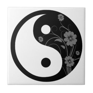 Black Floral Yin Yang Tile Tegeltje