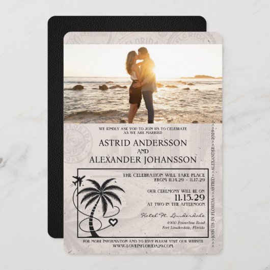 Black Florida Passport Wedding Invitation Kaart (Voorkant / Achterkant)