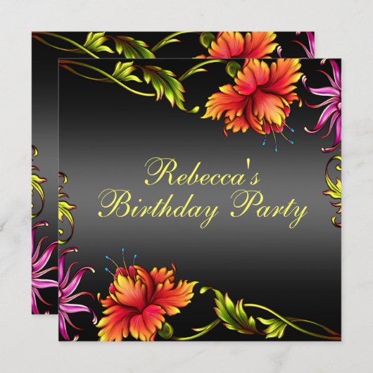 Black Flower Burst Ontwerp Verjaardag Uitnodiging (Voorkant / Achterkant)
