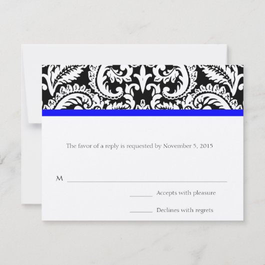 Black Flower Damask met Royal Blue Trim RSVP-kaart RSVP Kaartje (Achterkant)