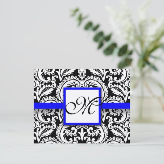 Black Flower Damask met Royal Blue Trim RSVP-kaart RSVP Kaartje (Staand voorkant)