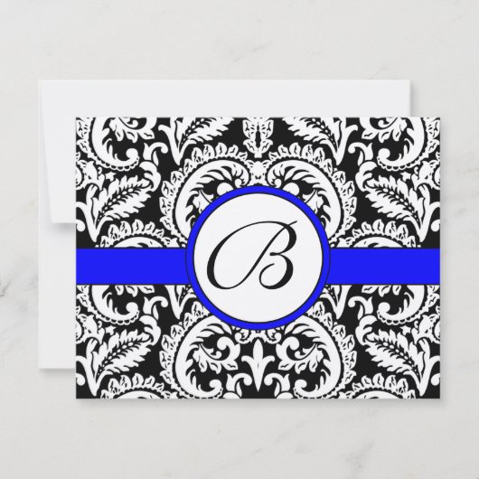 Black Flower Damask met Royal Blue Trim RSVP-kaart RSVP Kaartje (Voorkant)