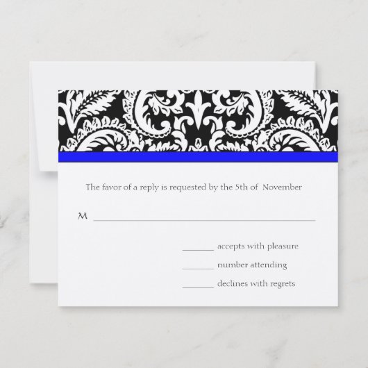 Black Flower Damask met Royal Blue Trim RSVP-kaart RSVP Kaartje (Achterkant)