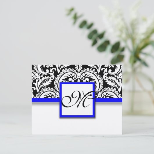 Black Flower Damask met Royal Blue Trim RSVP-kaart RSVP Kaartje (Staand voorkant)
