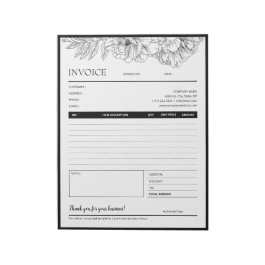Black Flower Line Design Business Invoice Sjabloon Notitieblok (Linkerzijde)