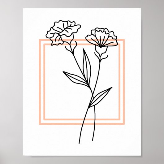 Black Flower Outline met Peach Lijst Art Poster (Voorkant)